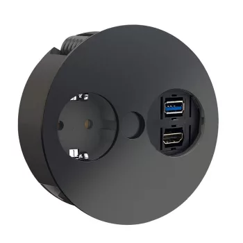   Konnektor Munkalapba süllyeszthető TWIST Matt Fekete 1x 220V/16A+1USB+1HDMI