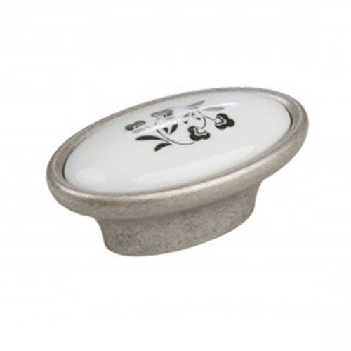 Bútorfogantyú Margarita gomb ovális 34/28mm Antik Ezüst/Porcelán Fehér Virág