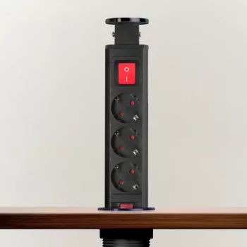   Konnektor Munkalapba süllyeszthető 3-as 1,5m Szálcsiszolt Fekete kapcsolós