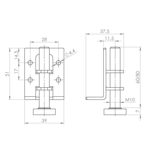 Szintezőláb AS002 60mm M10 állítható talppal 200kg teherbírás