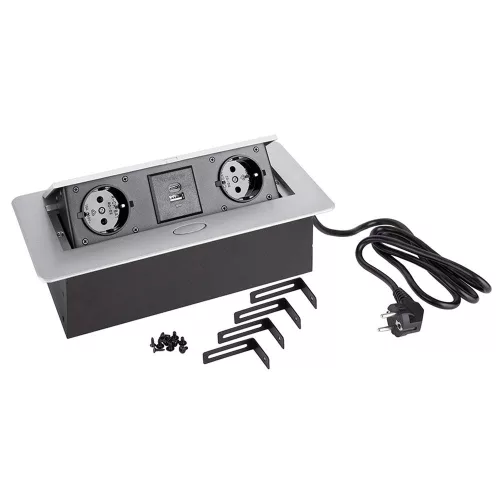 Konnektor-rejtett elosztó StrongPower 2x 230V, 2x USB A/C, Schuko, Ezüst