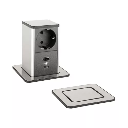 Konnektor-rejtett elosztó StrongPower PowerUp 1x230V-1xUSB A/C Nemesacél