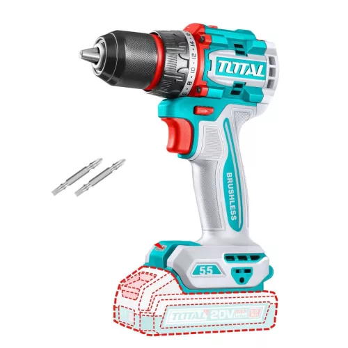 TOTAL Fúró-csavarozógép kefe nélküli 2000prn/55Nn/P20S (Akku nélkül)
